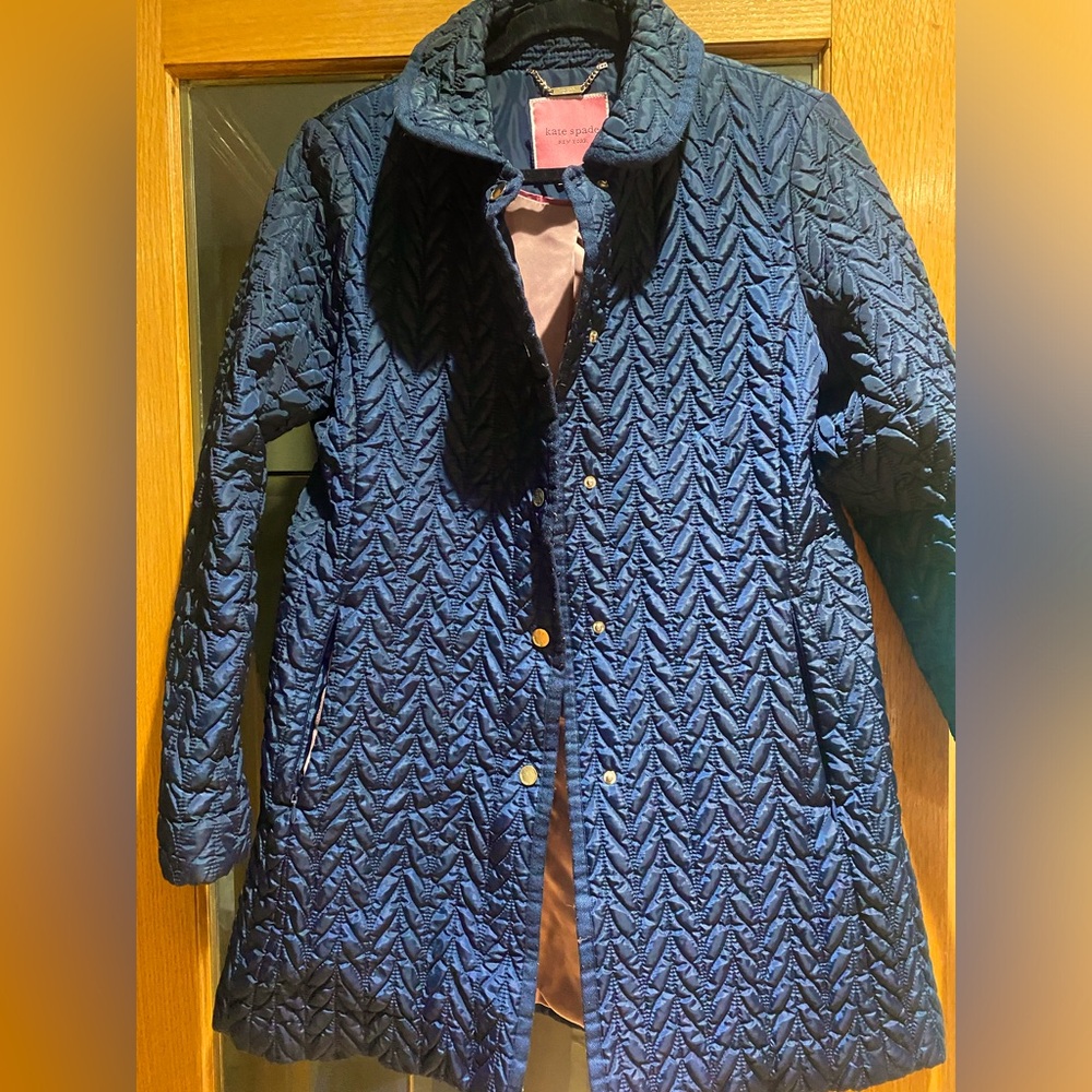 Kate Spade, New York navy blue jacket snap a buttons zip up pockets.